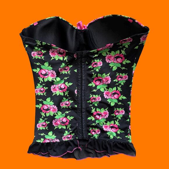 00's vintage black and pink rose floral satin tube top y2k bustier corset LARGE - Picture 4 of 6
